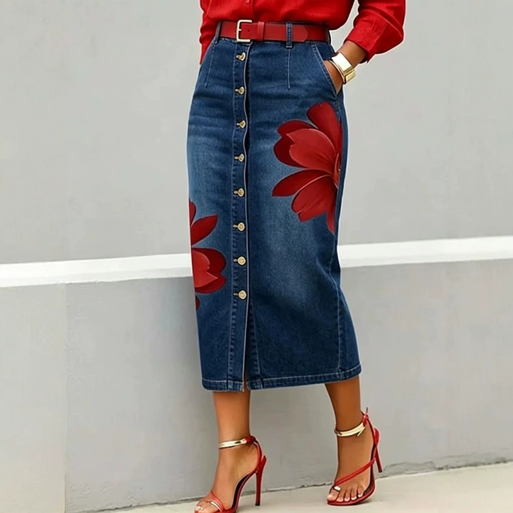 Denim Skirt Midi Vintage - 2026 Women Floral Print Denim Midi