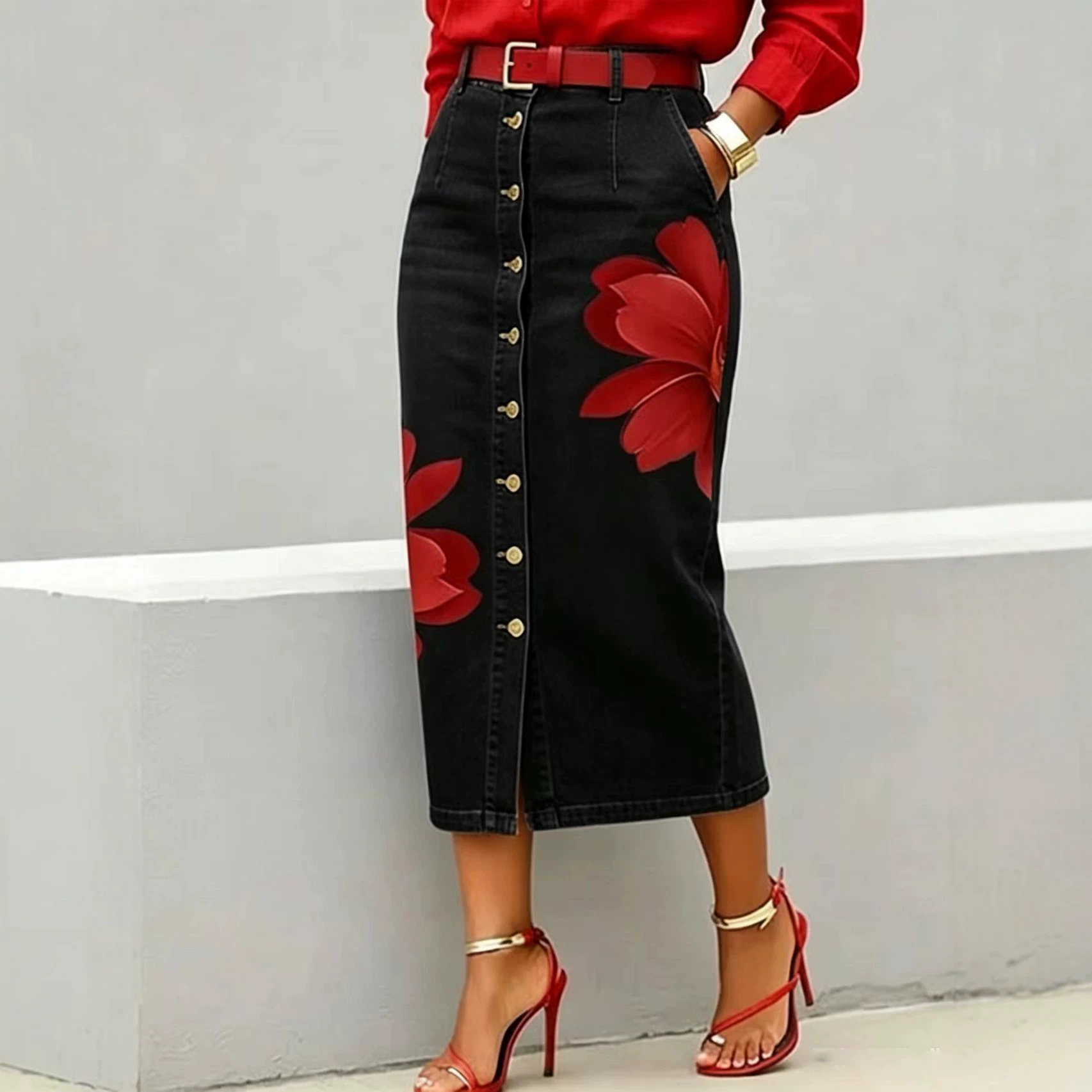 2026 Women Floral Print Denim  - огляд і ціна Denim Skirt Midi Vintage